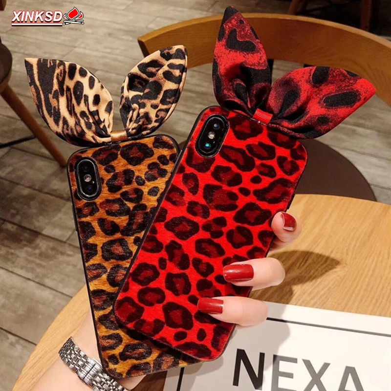 

Fashion Soft sexy Leopard Plush Phone Case For iphone 7 Plus 6 S 6s 8 Cute Catoon Rabbit ear Cover Back For iphone XS Max X Case