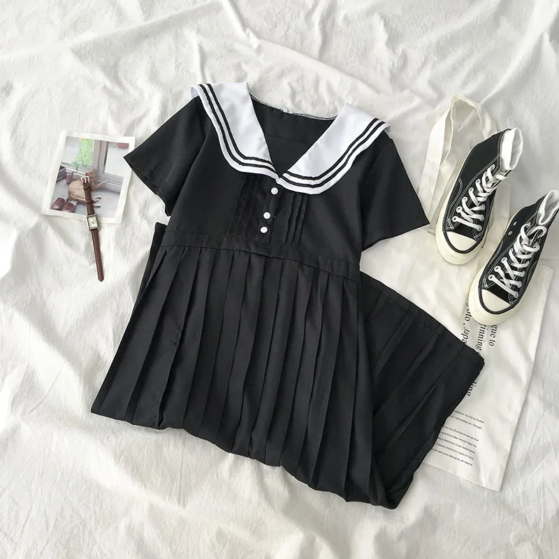 

Women summer dress mori girls summer Japanese style fresh short sleeve sailor collar black solid dress vestidos