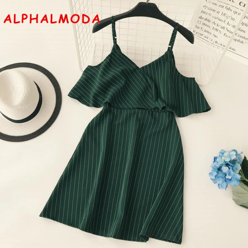 

ALPHALMODA 2019 Summer Vintage Women Sling Dress Ruffled Strap High Waist Mini Summer Vesitods Vintage Women Striped Dress
