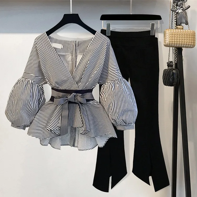 

Puff Sleeve Blouse And Flare Pants Two Piece Suits Summer Bow V-Neck Slim Sets White/Striped Sashes Thin Suits