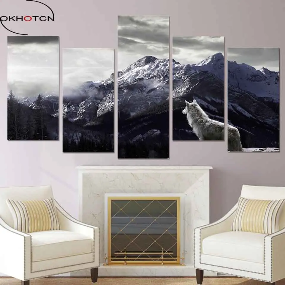 

5 Pieces Animal Wolf Snow Modern Stars Home Wall Decor Canvas Picture Wars White & Balck Art HD Print Painting Canvas Artworks