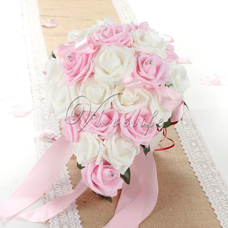 Романтический свадебный букет искусственных цветов букет с розовым кристаллом для свадебного приспособления для декора вечеринки - Цвет: whtie and pink