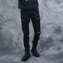 Spring new arrival male personality painted print pant mens hole jeans male slim skinny pants men feet trousers black novelty