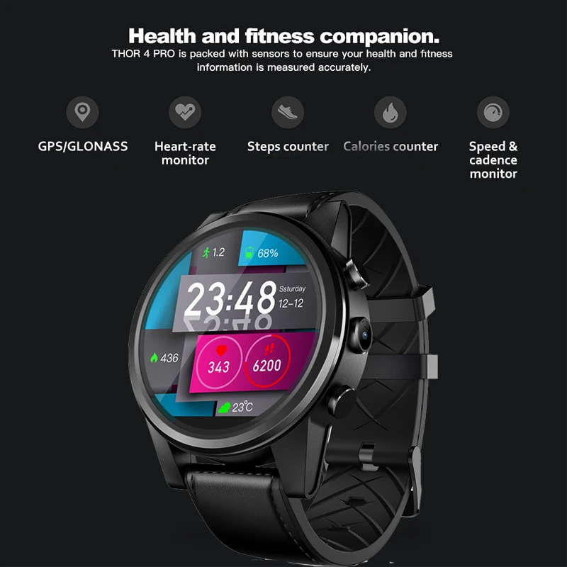 

Zeblaze THOR 4 PRO 4G SmartWatch heart rate test Crystal Display GPS Quad Core 16GB 600mAh Hybrid Leather Strap Smart Watch Men