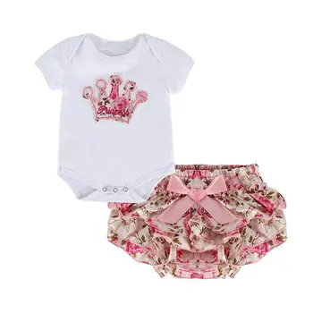 

Fashion Summer Girl 2 Piece Set Romper Short Sleeve Crown Printed Infant Baby Jumpsuit Floral Skirt Suit For 0-1 Year FJ