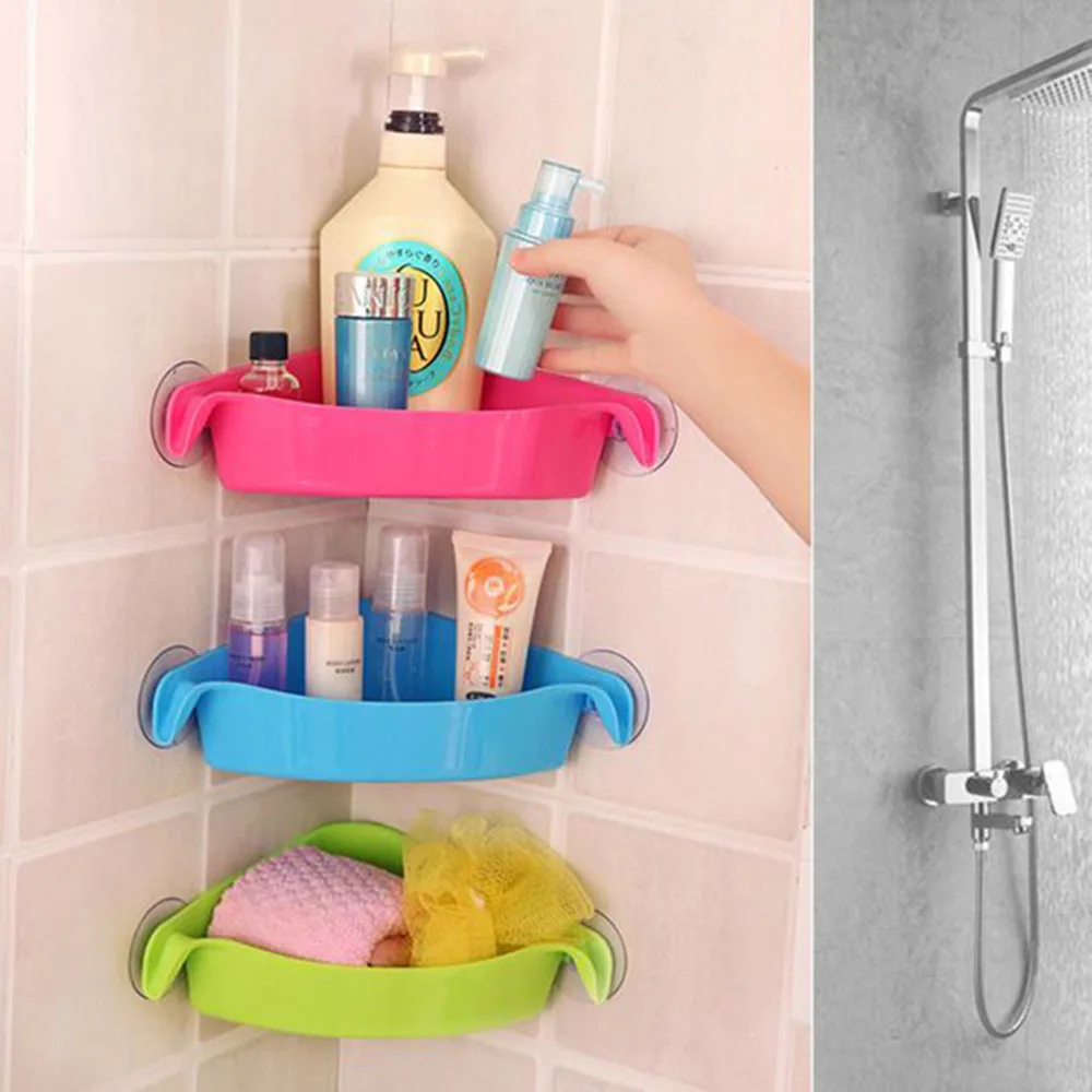 

Powerful Sucker Triangular Wall Corner Shelf Kitchen Bathroom Toilet Receptacle Storage Rack Organizer Shelves With Suction Cup