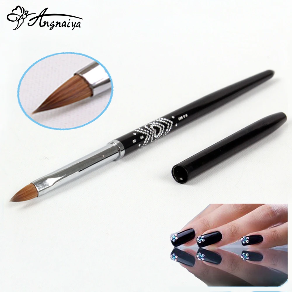 

ANGNYA Nail Art Brush Heart Shape Rhinestone Diamond Metal Acrylic Handle Kolinsky Carving Powder Gel Nail Brush 2#4#6#8#Oval