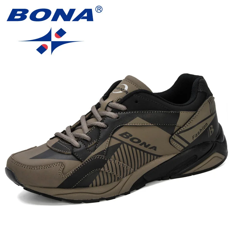 BONA/Новинка года; дизайнерская мужская обувь для бега; кожаные кроссовки; Мужская Осенняя обувь; Chaussures Hommes Zapatos; Мужская Уличная обувь для бега - Цвет: Medium  grey black