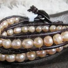 Обёрточная бумага вокруг браслет дружбы, персик пресноводного жемчуга, кожаный шнур-wb-288