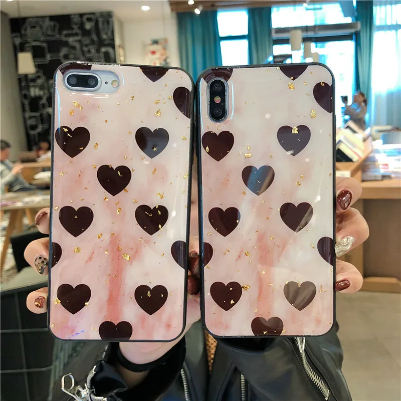 simple cute loving heart Case for iPhone X XS MAX XR pink gold foil soft shell 6 6s 7 8 Plus epoxy case |