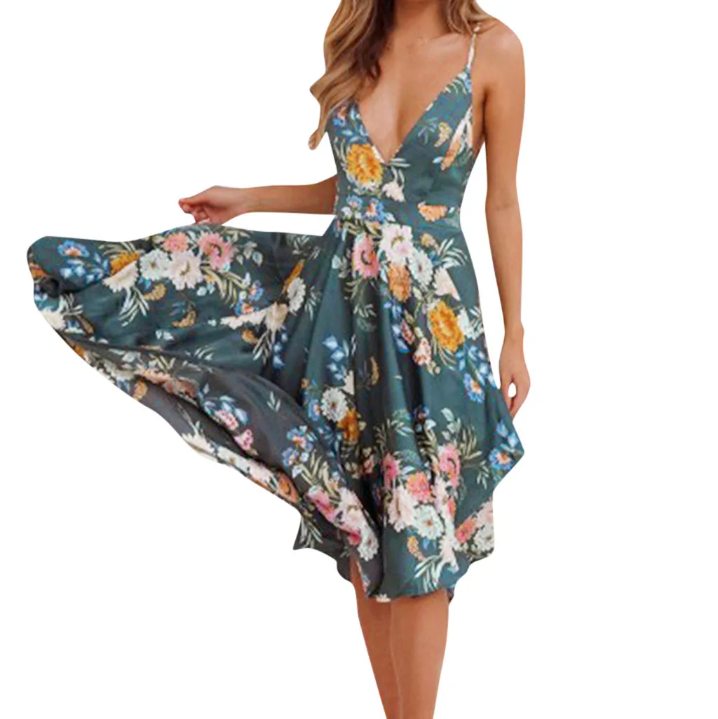 

Summer Dress 2019 Women Sleeveless Floral Dress Knee-Length Deep V Neck Dresses Bohemian Beach Sundress Sexy Kleider Damen %