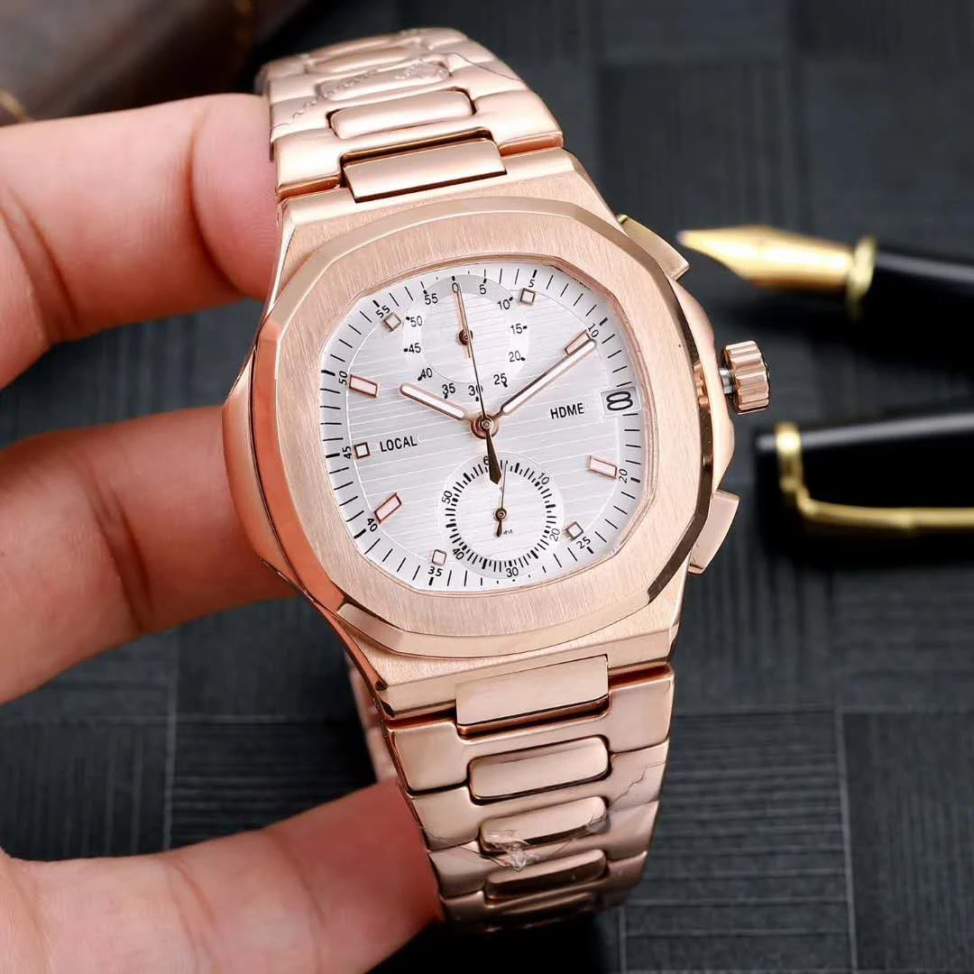 

Luxury Brand New Quartz Chronograph Men Stopwatch Sapphire Stainless Steel Watch Rose Gold Silver Grey Black Dual Time Zone Blue