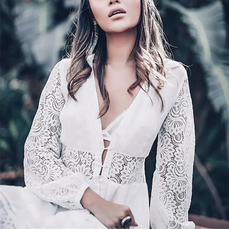 

Summer Cardigan Beach Cover Up Bikini Women Cotton Kaftan Beach Dress Tunic Long Sleeve Lace Swimsuit Cover-Ups White Beach Wear