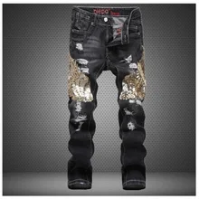 Европейский Американский стиль модные брендовые Дизайнерские мужские джинсы роскошные черные мужские повседневные джинсовые брюки отверстие тонкие прямые джинсы
