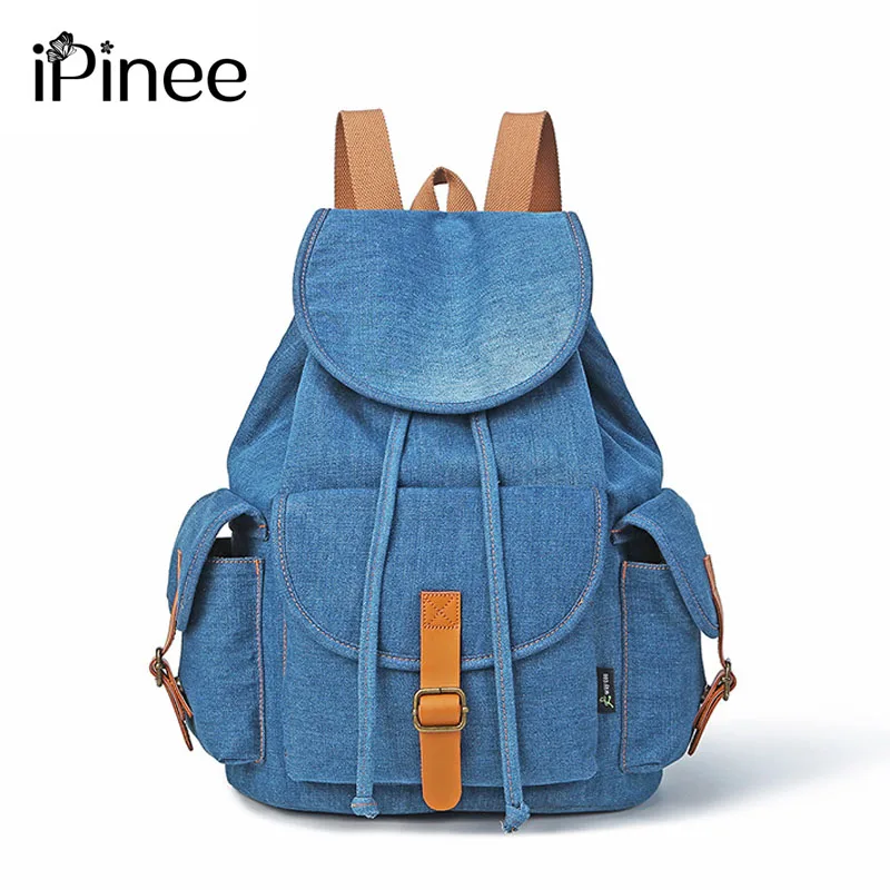 iPinee Brand Women Soft Denim Backpack Vintage Drawstring School