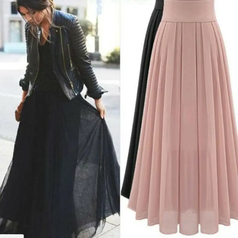 

Women Chiffon Stretch Long Maxi High Waist Summer Pleated Boho Beach Skirt Dress