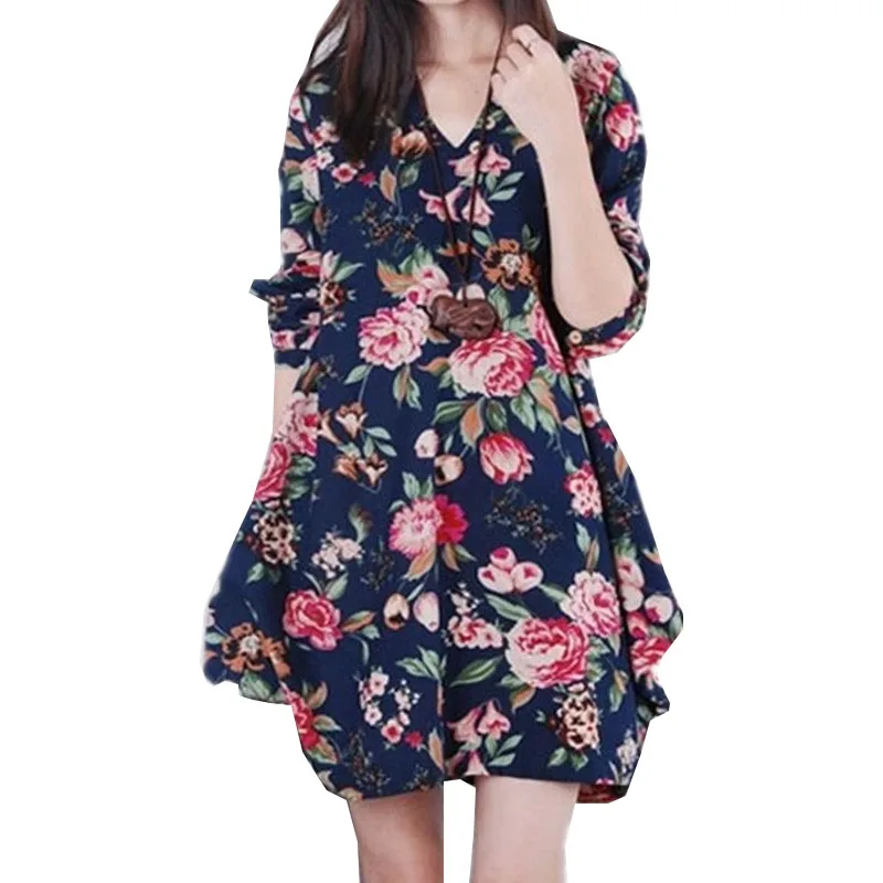 

Women Summer dresses 2019 summer large size women's V-neck loose cotton long-sleeved mini dress wholesale vestidos WSP9495