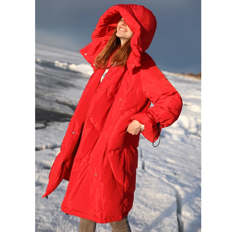 Amii минималистский Корейский досуг 90% белый утиный пуховик женский зима свободный с капюшоном длинный рукав длинное пальто - Цвет: red coat