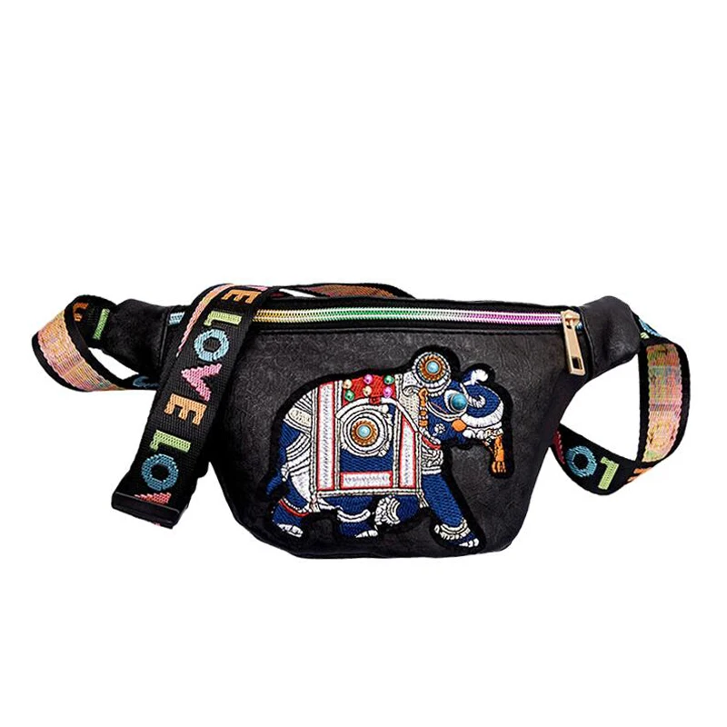 

ANNRMYRS Women Embroidery Elephant Fanny Packs Waist Bags Ladies PU Leather Belt Bag Chest Bags Colors Leather Shoulder Belts