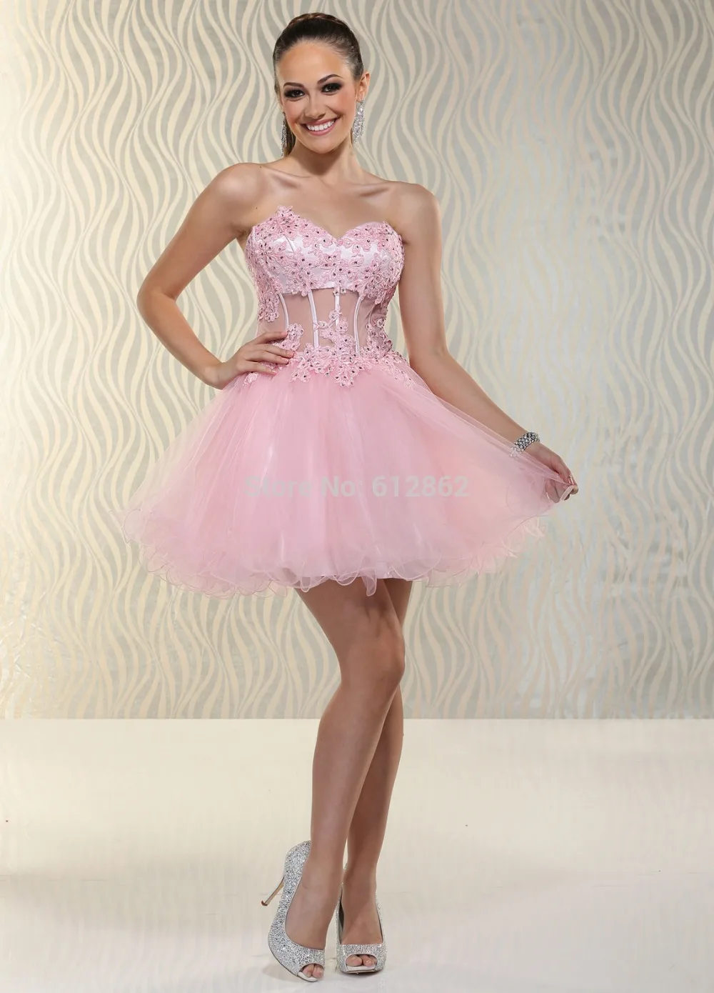 Discount Wedding Dresses Online Strapless Pink Short Lace Organza Elegant Cocktail Dresses 2016 - Discount Wedding Dresses Online