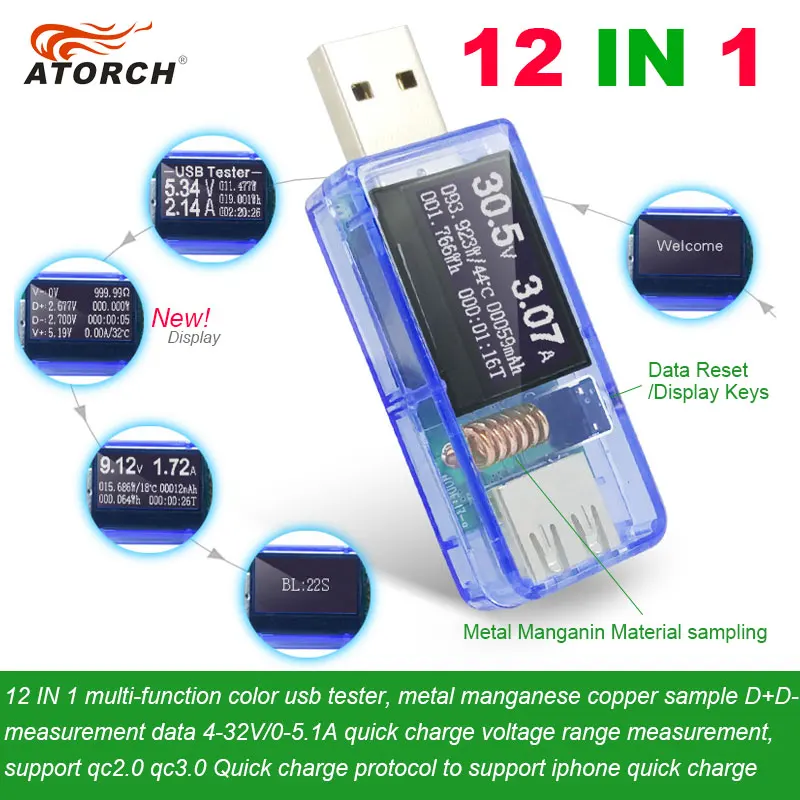 ATORCH 12 in 1 USB tester DC Digital voltmeter amperimetro voltagecurrent meter ammeter detector power bank