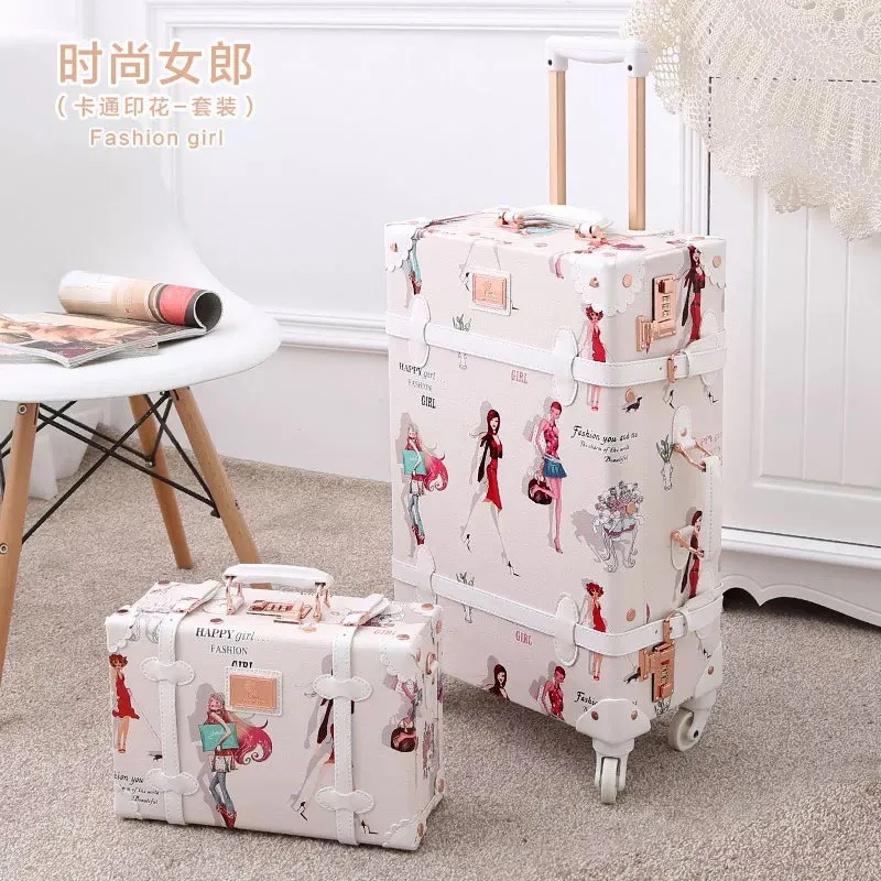 2PCS/SET Vintage Floral PU Travel Bag Rolling Luggage,13"20"22"24"26"inch Women Retro Trolley Suitcase Bag On Universal Wheels