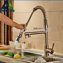 Nickel Brushed LED Pull Down Kitchen Faucet Deck Mounted Double Spout Hot and Cold Water Kitchen Mixer Taps
