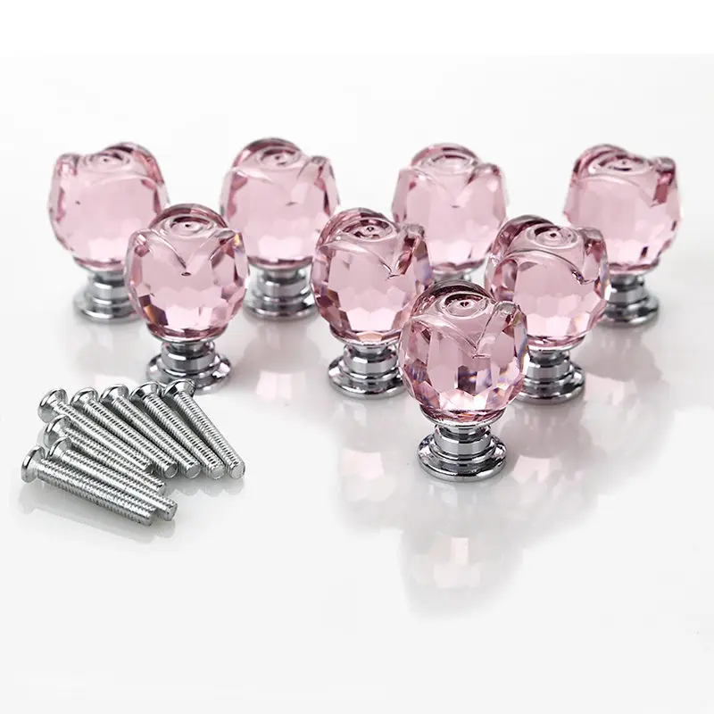 8 Pcs Set Door Knobs Pink Rose Crystal Glass Kitchen Cabinet Pulls