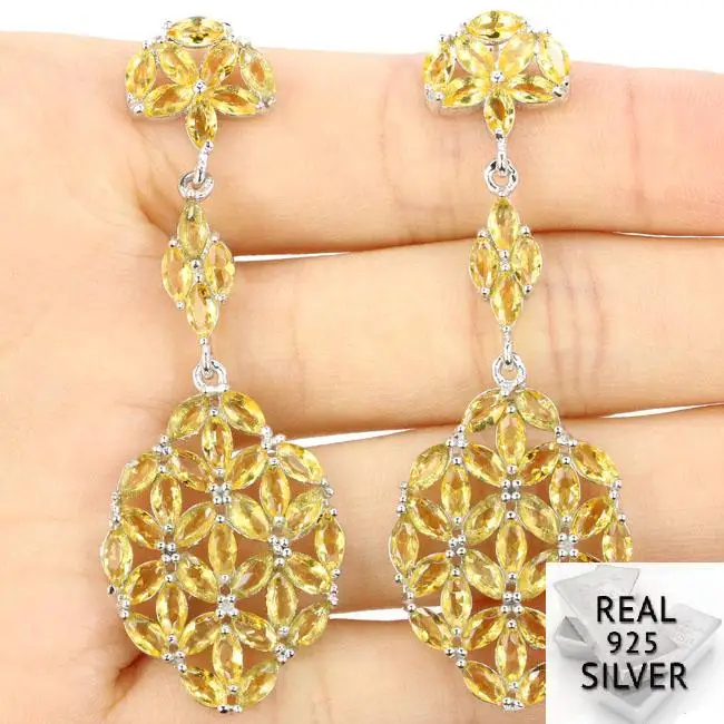 

Real 9.0g 925 Solid Sterling Silver Elegant Top Long Big Golden Citrine, CZ Woman's Wedding Earrings 59x20mm