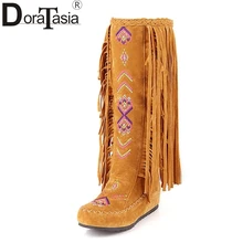 DoraTasia Chinese Stylish Embroidery Big Size 34-48 Add 2 Kinds Fur Women Shoes Tassels Autumn Winter Boots Fashion Long Boots