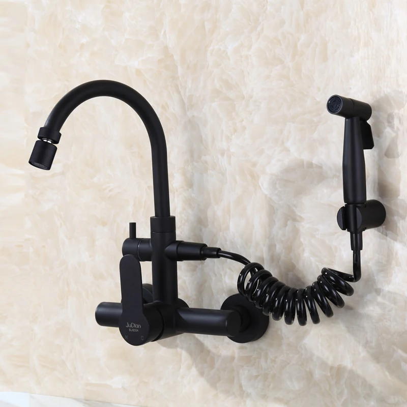  Wall mounted Matte Black stainless steel kitchen faucet with bidet spray shower head RotatableCold  - 32975479497