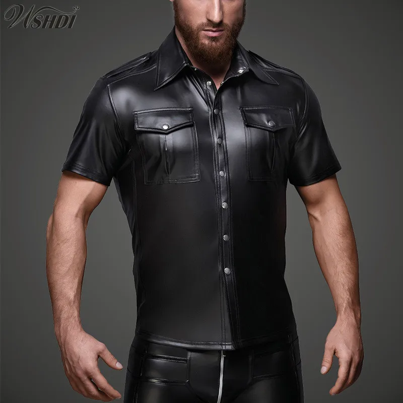 Plus Size Mens Faux Leather Uniform Shirt Gay Short Sleeve Slim Fit Top Clubwear