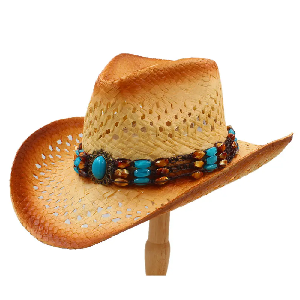 Женская и мужская соломенная западная ковбойская шляпа с панк кожаной лентой ручной работы Плетение пляж Богемия солнце Sombrero Cowgirl джаз шляпа размер 58 см