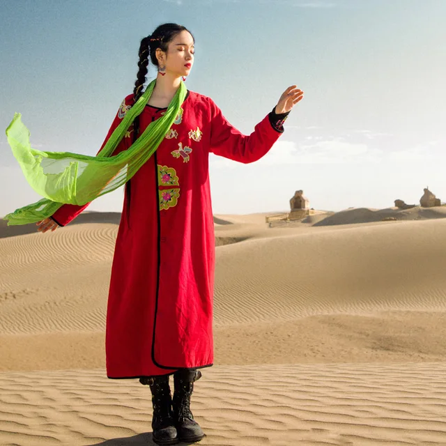 Best price at $256 Cheap BOHOCHIC Original Vintage Ethnic Bohemian Nepal Mongolian Tibetan Corduroy Embroidery Coat Women Long Parka AHZ0076D Boho Chic