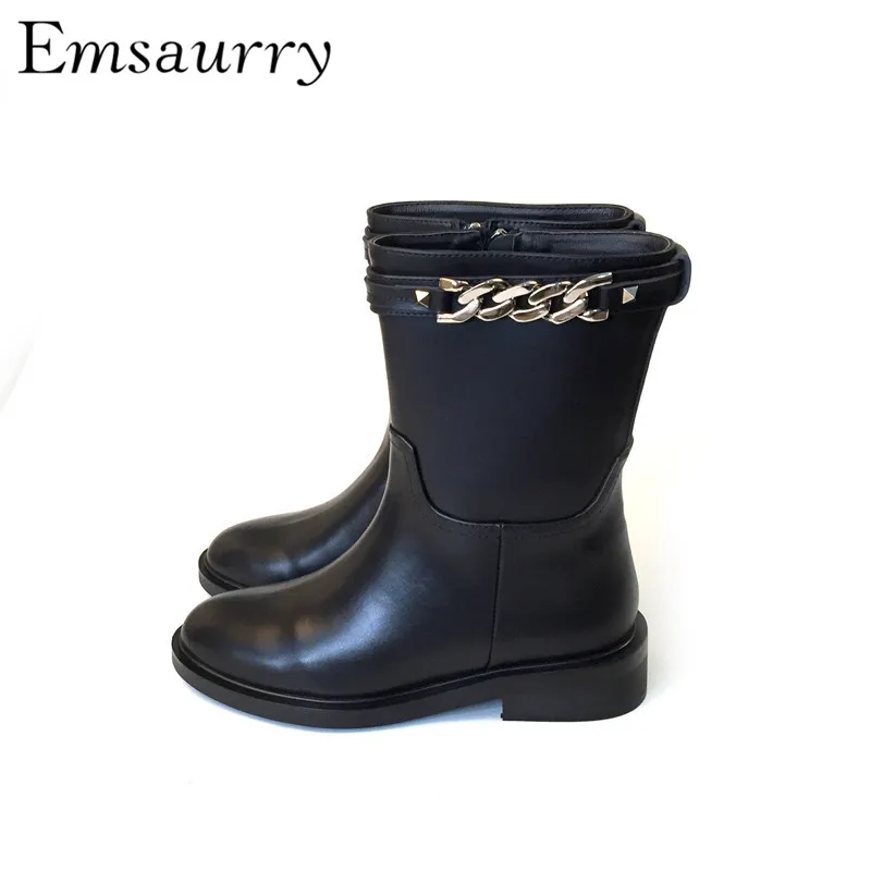 

Quality Genuine Leather Short Booties Round Toe Square Heel Side Zipper Autumn Winter Chained Women Booties