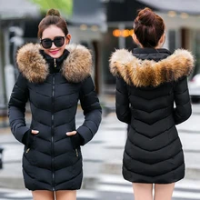 Hooded Slim Outwear woman long parka Faux fox fur Cotton Padded Outwear