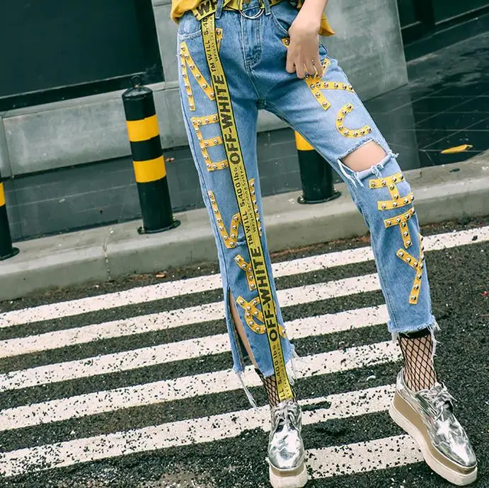 Spring Women Bleached Straight Jeans Zipper Fly Side Patchwork Letter Ribbons Ripped Calf Length Denim Pants