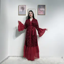 Блесток кимоно с бахромой платье Дубая исламский, мусульманский платье хиджаб Абая для женщин Кафтан турецкие платья Ислам ic Костюмы Халат