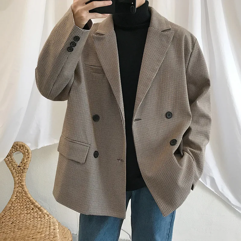 

2019 Spring Men's Casual Blazers Suit Jackets Clothes Single Western Loose Coat Fitted Cotton Lattice Printing Outerwear S-XL