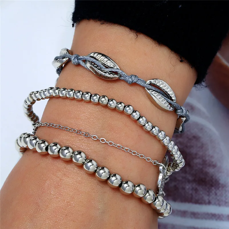 

4pcs/Set Retro Hipster Bead Round Shell Chain Multilayer Silver Bracelet Set For Women Bangle Delicate Party Clothing Jewelry