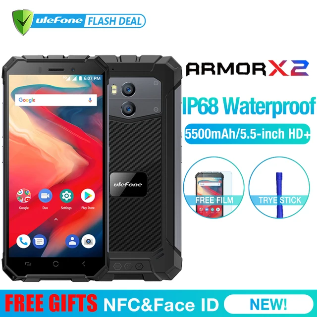 Ulefone Броня X2 Водонепроницаемый IP68 3g смартфон 5,5 "HD 4 ядра Android 8,1 2 GB + 16 GB NFC Face ID 5500 mAh Dual Cam мобильного телефона