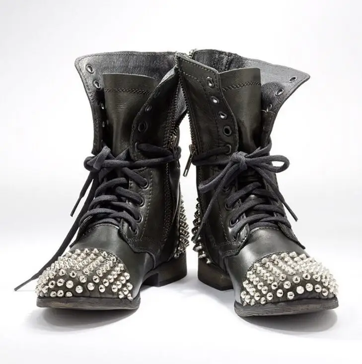 

Plus Size Hot Sale Super High Boots For Women Punk Style Spikes Shoe Ankle Boots Studded Bota Women Booties Lace Up Motorcycle