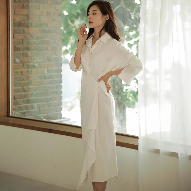

2019 Spring Long Sleeve Solid White Shirt Dress Women Turn Down Collar Draped Wrap Dress Female Work Wear Self-tie Long Dress