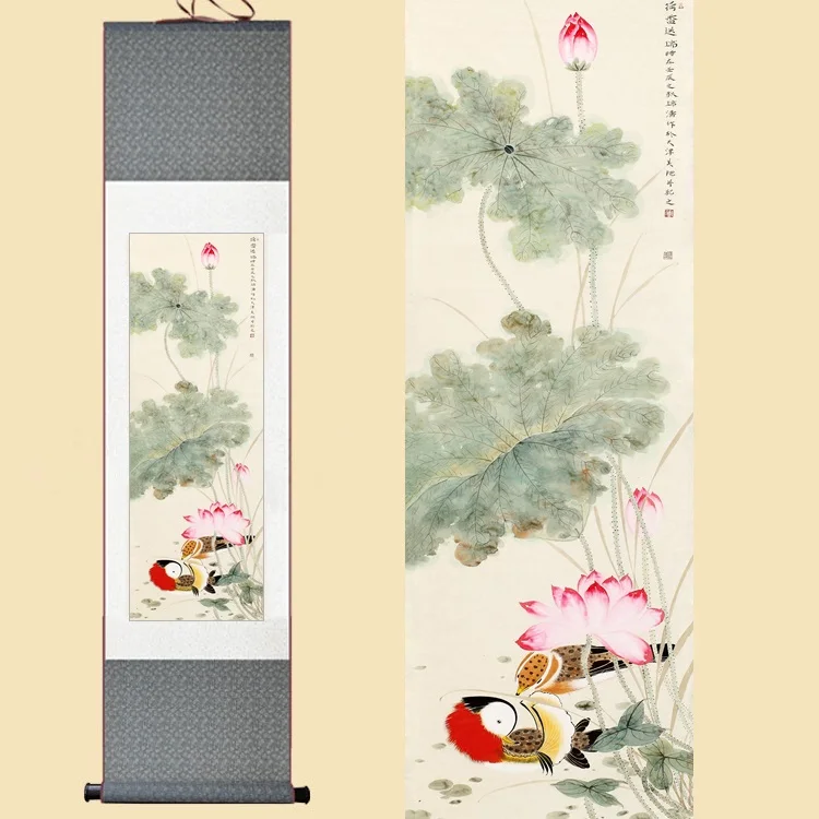 

30X120CM Chinese Silk Watercolor flower birds Ink art Lotus mandarin ducks feng shui wall picture framed scroll canvas painting