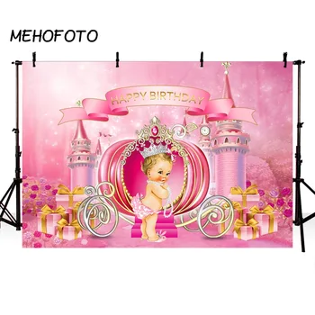 

MEHOFOTO Little Princess Pink Castle Photo Background Girl Birthday Party Banner Photobooth Photographic Backdrops