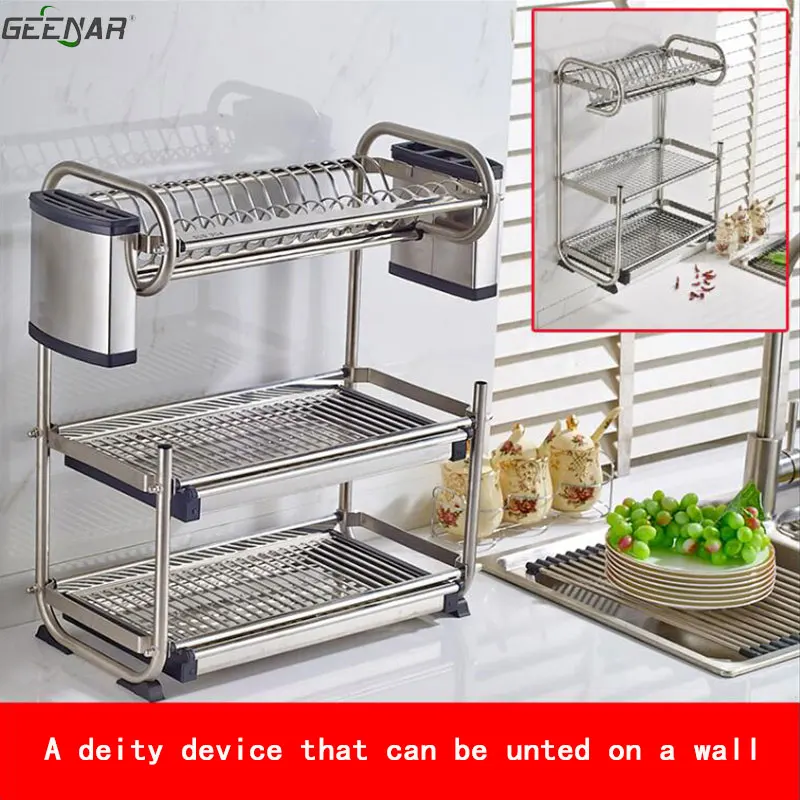 

Hutch drainboard 304 stainless steel kitchen shelf wall storage cold bowl and plate rack storage rack hanging wall products