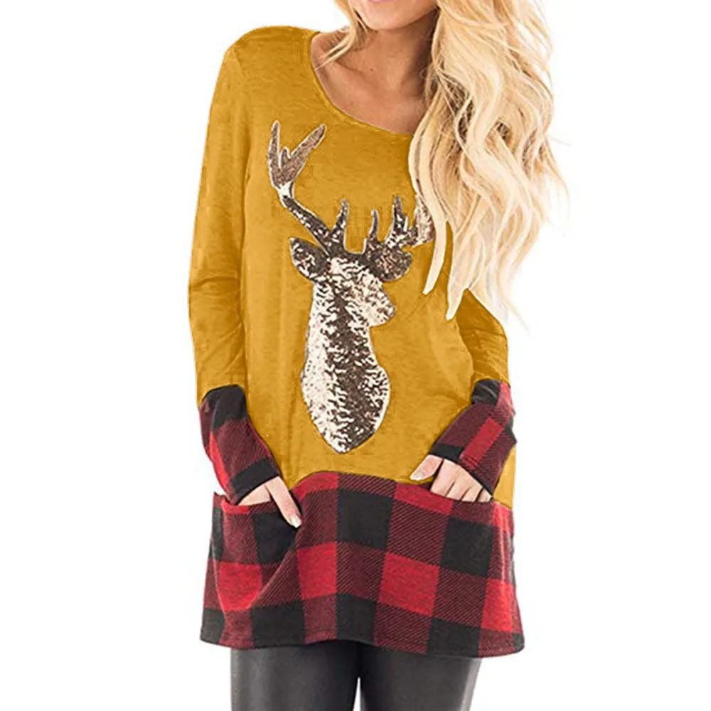 Plus Size Womens Christmas Tops Long Sleeve Plaid Pockets Santa Claus Print Splice Fashion Cute Tunic Blouse Shirts