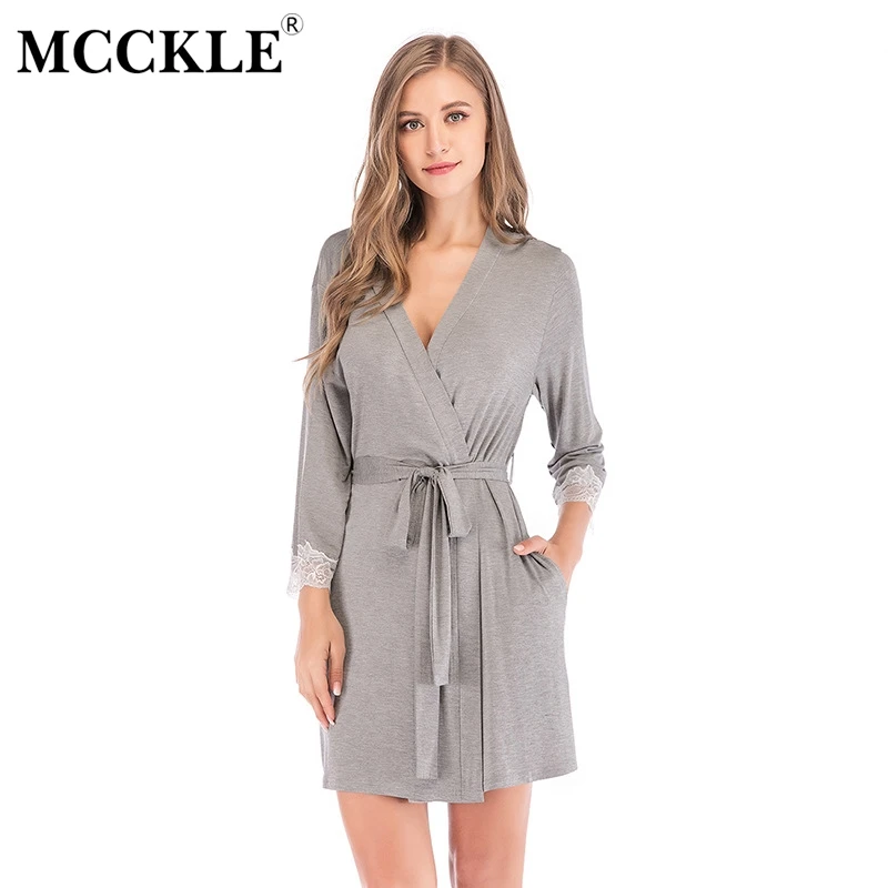 

Women's Kimono V-Neck Lace Patchwork Bathrobe Solid Sashes Spring Nightie Female 2019 Long Sleeve Homewear Ladies Home Clothes