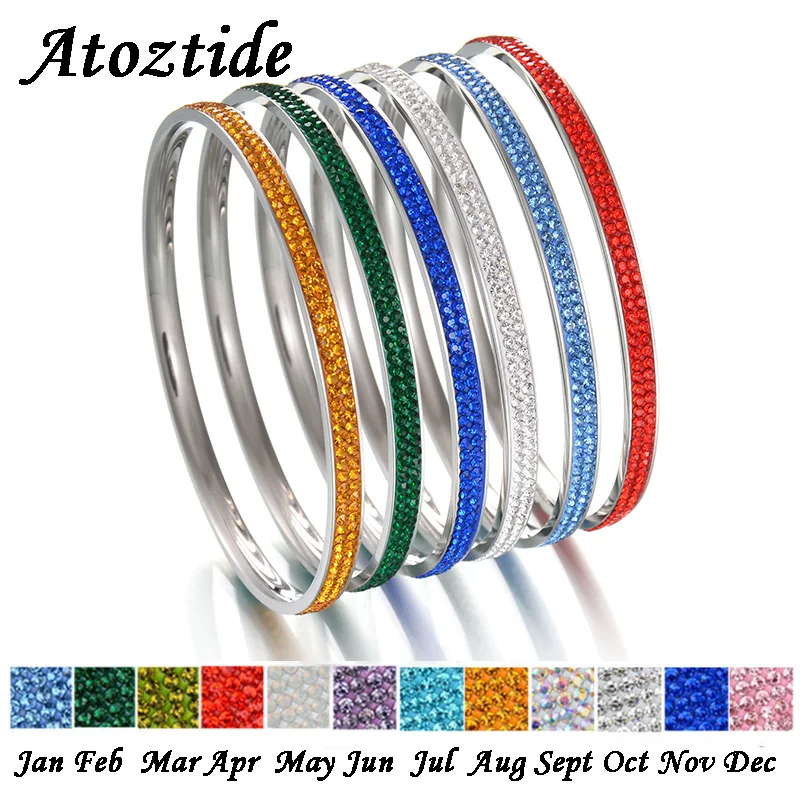 

Atoztide Charm 12 Colors Birthstones Shine 2 Rows Love Crystal Bangles Women Rhinestone Stainless Steel Round Bracelets Gift