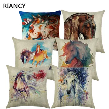 

Pillows Decorative Linen Colorful Cushions 45*45 Cushion Cover Sofa Horse Printed Pillowcase for Living Room Pillow Cover 40581